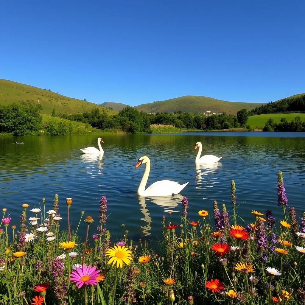 A picturesque scene of a serene natural landscape, featuring lush greenery and a clear blue sky