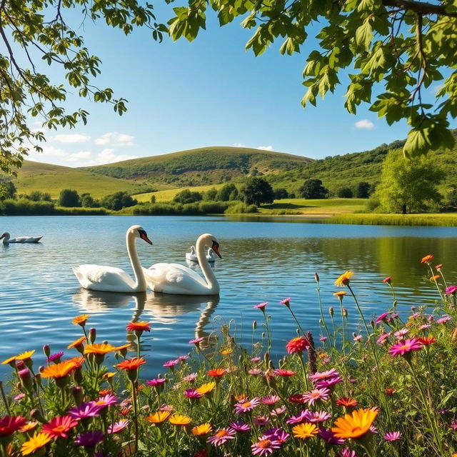 A picturesque scene of a serene natural landscape, featuring lush greenery and a clear blue sky