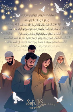 An illustration of a serene digital space where Sufi teachings are shared on social media