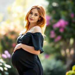 A young woman with copper hair, elegantly flaunting her pregnancy in a short black silk dress