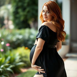 A young woman with copper hair, elegantly flaunting her pregnancy in a short black silk dress