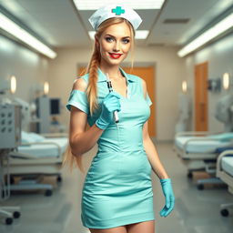A sexy white-skinned nurse girl in a short aqua green nurse dress featuring a big neckline and a mini skirt, paired with pink pantyhose and a classic nurse hat