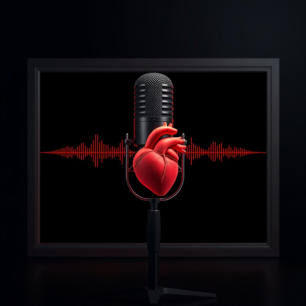 A dark background designed for a podcast setting, featuring a podcast microphone prominently displayed