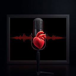 A dark background designed for a podcast setting, featuring a podcast microphone prominently displayed