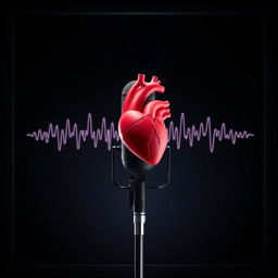 A dark background designed for a podcast setting, featuring a podcast microphone prominently displayed