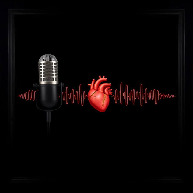 A dark background designed for a podcast setting, featuring a podcast microphone prominently displayed