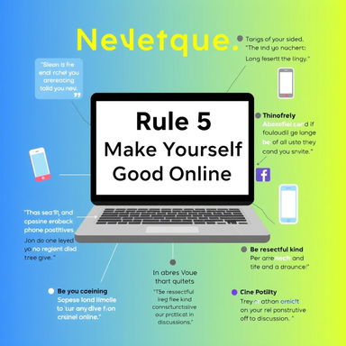 A visually appealing poster illustrating the core values of netiquette, specifically focusing on Rule 5: 'Make Yourself Good Online'