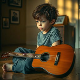 A young boy sitting on a wooden floor, gazing sadly at his guitar