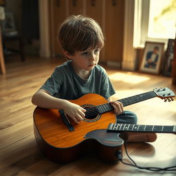 A young boy sitting on a wooden floor, gazing sadly at his guitar