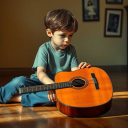 A young boy sitting on a wooden floor, gazing sadly at his guitar