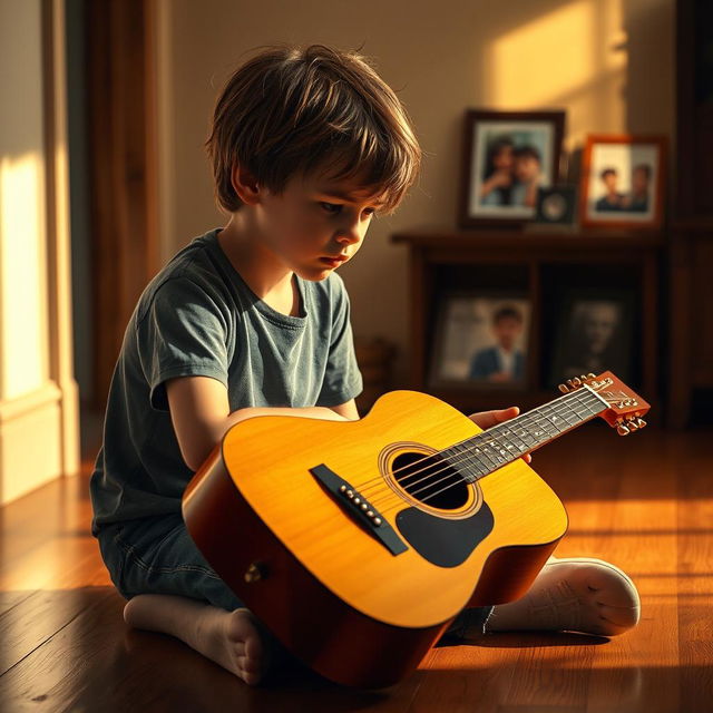 A young boy sitting on a wooden floor, gazing sadly at his guitar