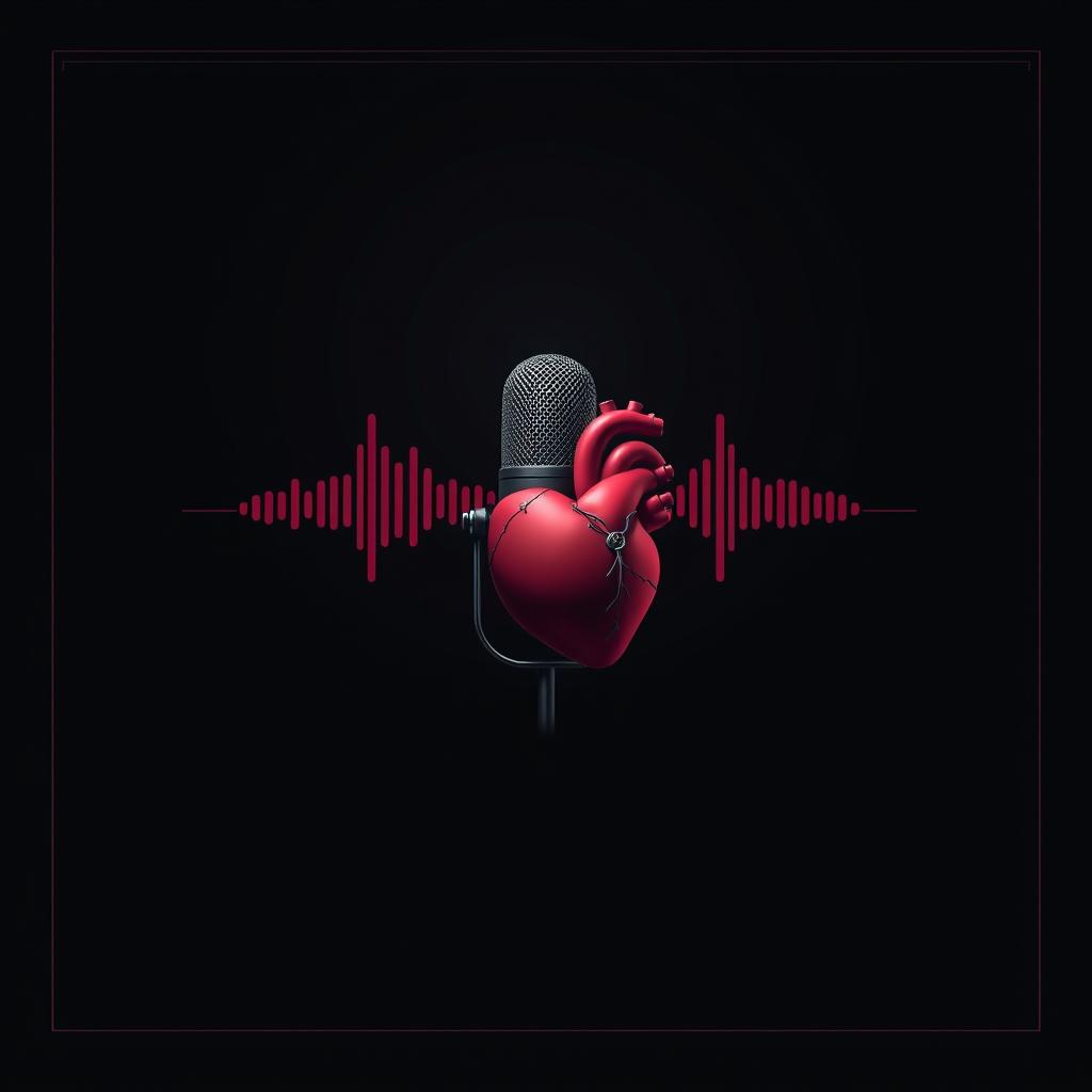 A dark background designed for a podcast setting, featuring a podcast microphone centered in the composition