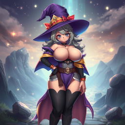 A voluptuous character inspired by anime aesthetics, with exaggerated features and a striking presence, wearing a fantasy-themed outfit