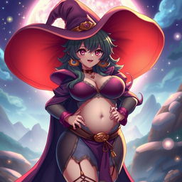 A voluptuous character inspired by anime aesthetics, with exaggerated features and a striking presence, wearing a fantasy-themed outfit