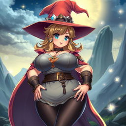 A voluptuous character inspired by anime aesthetics, with exaggerated features and a striking presence, wearing a fantasy-themed outfit