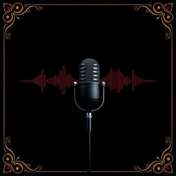 A dark background created for a podcast, featuring a centrally positioned podcast microphone