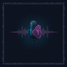 A dark background created for a podcast, featuring a centrally positioned podcast microphone