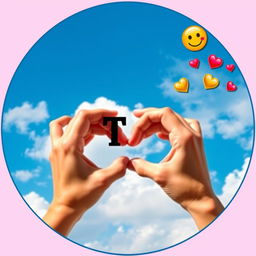 An artistic image showcasing two hands forming a heart shape against a bright blue sky adorned with fluffy white clouds
