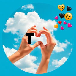 An artistic image showcasing two hands forming a heart shape against a bright blue sky adorned with fluffy white clouds