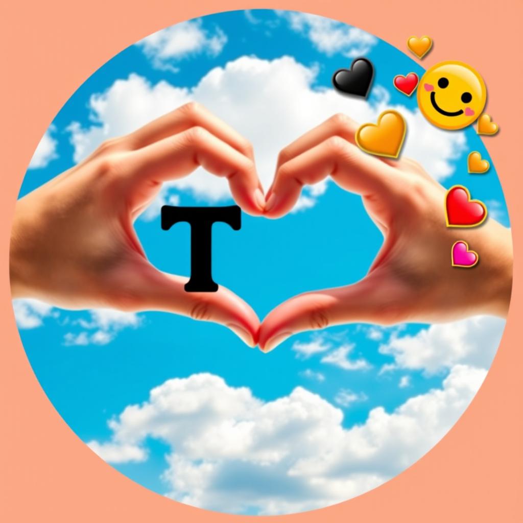 An artistic image showcasing two hands forming a heart shape against a bright blue sky adorned with fluffy white clouds