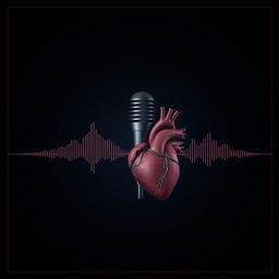 A dark background designed specifically for a podcast, featuring a podcast microphone prominently at the center