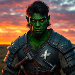 A powerful half-Orc named Gorath Harkov, 43 years old but physically resembling a 27-year-old