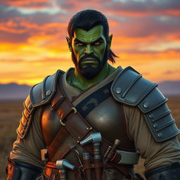A powerful half-Orc named Gorath Harkov, 43 years old but physically resembling a 27-year-old