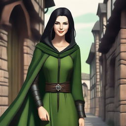 A high-quality digital art image depicts a tall, thin female with a radiant smile, set in a medieval theme