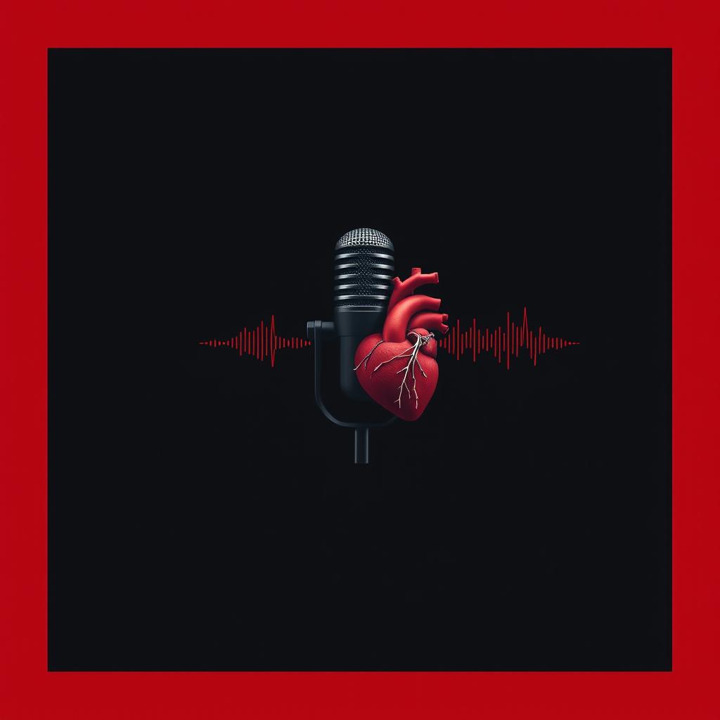 A dark background designed specifically for a podcast, featuring a prominently placed podcast microphone at the center