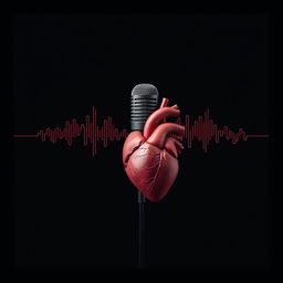 A dark background designed specifically for a podcast, featuring a prominently placed podcast microphone at the center