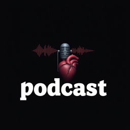 A dark background designed specifically for a podcast, featuring a prominently placed podcast microphone at the center