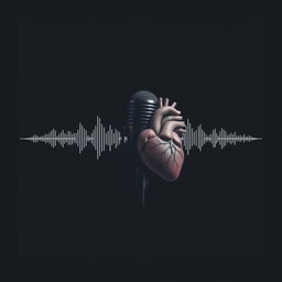 A dark background designed specifically for a podcast, featuring a prominently placed podcast microphone at the center