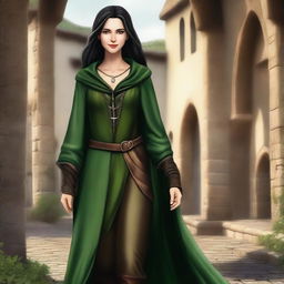 A high-quality digital art image depicts a tall, thin female with a radiant smile, set in a medieval theme