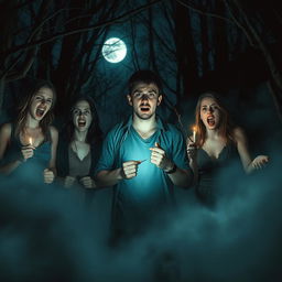 A dark and creepy scene reminiscent of a horror movie set in a desolate forest at night, enveloped in dense fog that adds to the eerie atmosphere