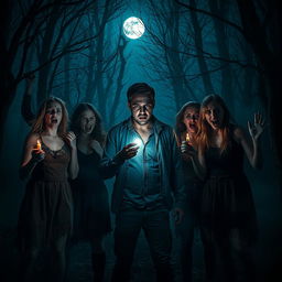 A dark and creepy scene reminiscent of a horror movie set in a desolate forest at night, enveloped in dense fog that adds to the eerie atmosphere