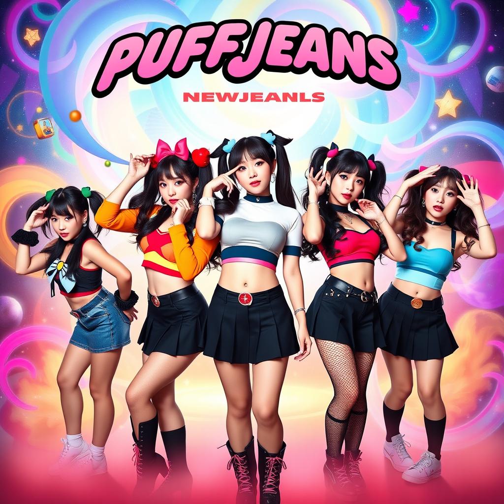 A vibrant poster featuring the five members of NEWJEANS: Minji, Hanni, Danielle, Haerin, and Hyein, styled like characters from the Powerpuff Girls