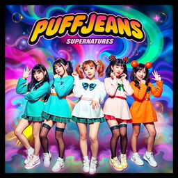 A vibrant poster featuring the five members of NEWJEANS: Minji, Hanni, Danielle, Haerin, and Hyein, styled like characters from the Powerpuff Girls