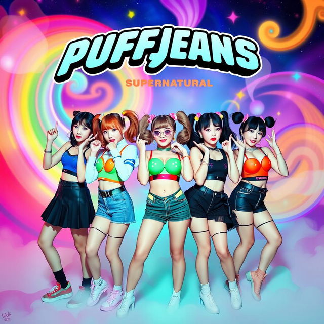 A vibrant poster featuring the five members of NEWJEANS: Minji, Hanni, Danielle, Haerin, and Hyein, styled like characters from the Powerpuff Girls