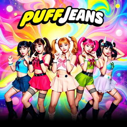 A vibrant poster featuring the five members of NEWJEANS: Minji, Hanni, Danielle, Haerin, and Hyein, styled like characters from the Powerpuff Girls