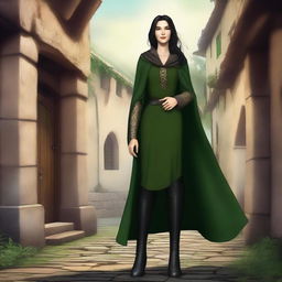 A high-quality digital art image depicts a tall, thin female with a radiant smile, set in a medieval theme