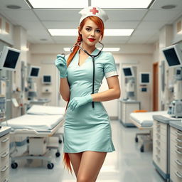 A sexy white-skinned nurse girl in a short aqua green nurse dress featuring a big neckline and a mini skirt, complemented by light pink socks and adorned with a classic nurse hat