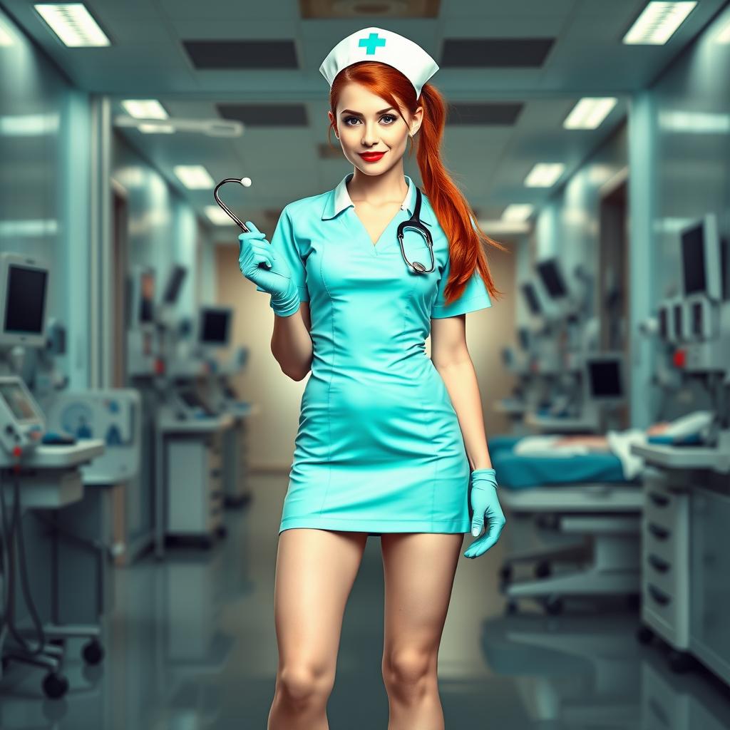 A sexy white-skinned nurse girl in a short aqua green nurse dress featuring a big neckline and a mini skirt, complemented by light pink socks and adorned with a classic nurse hat