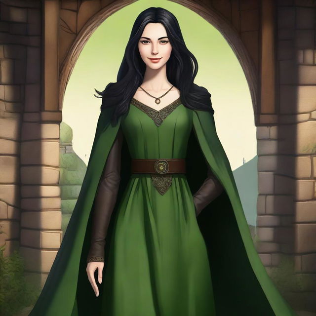 A high-quality digital art image depicts a tall, thin female with a radiant smile, set in a medieval theme