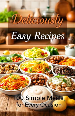 An eye-catching eBook cover design for a recipe book, featuring a beautifully arranged spread of diverse, colorful dishes like fresh salads, hearty mains, and decadent desserts