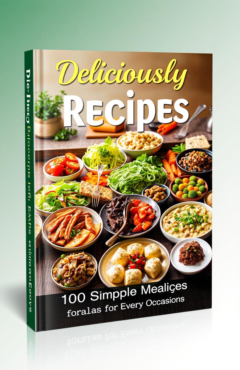 An eye-catching eBook cover design for a recipe book, featuring a beautifully arranged spread of diverse, colorful dishes like fresh salads, hearty mains, and decadent desserts