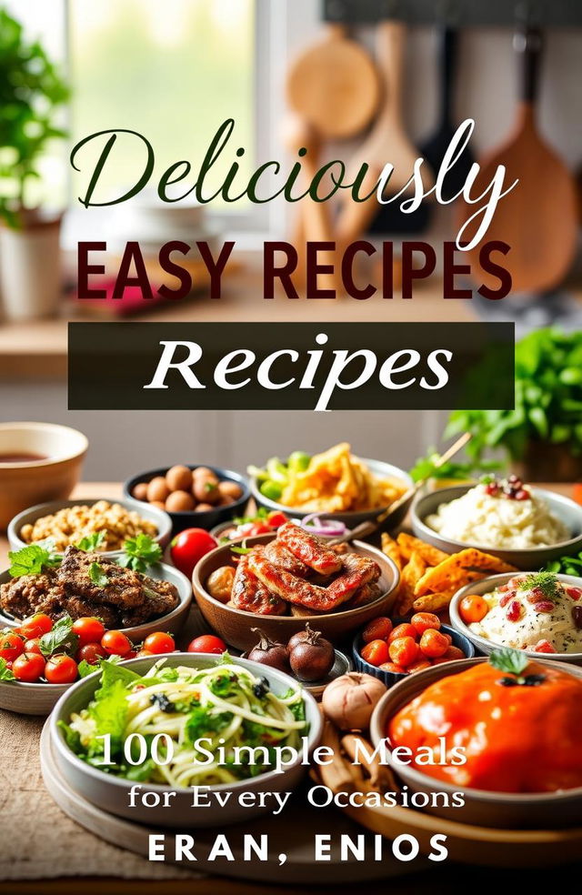 An eye-catching eBook cover design for a recipe book, featuring a beautifully arranged spread of diverse, colorful dishes like fresh salads, hearty mains, and decadent desserts