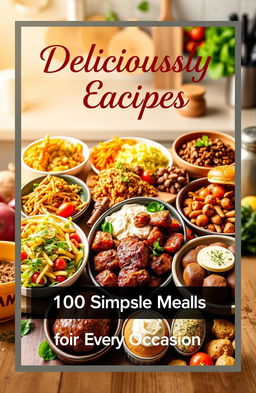 An eye-catching eBook cover design for a recipe book, featuring a beautifully arranged spread of diverse, colorful dishes like fresh salads, hearty mains, and decadent desserts