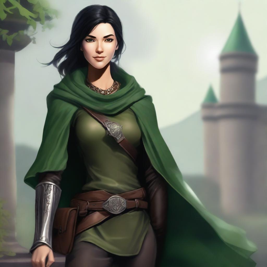 A high-definition digital art image portrays a tall, thin female ranger with a radiant smile, set in a medieval context