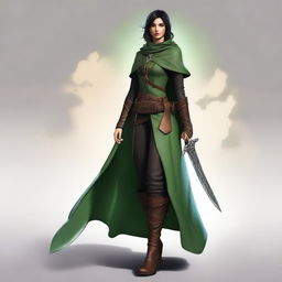 A high-definition digital art image portrays a tall, thin female ranger with a radiant smile, set in a medieval context