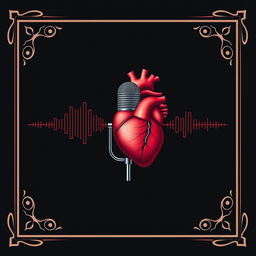 A dark background designed for a podcast, featuring a podcast microphone prominently in the center